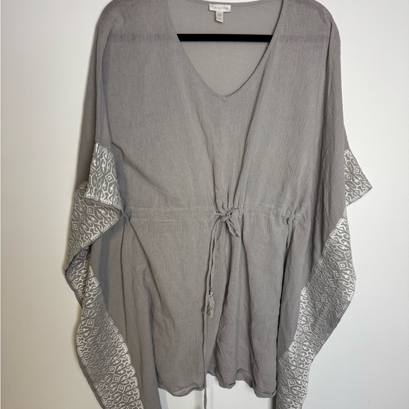 Garnet Hill Kaftan Tunic Top Beach Coverup Crinkle Cotton Gray Embroidery S - Picture 5 of 9